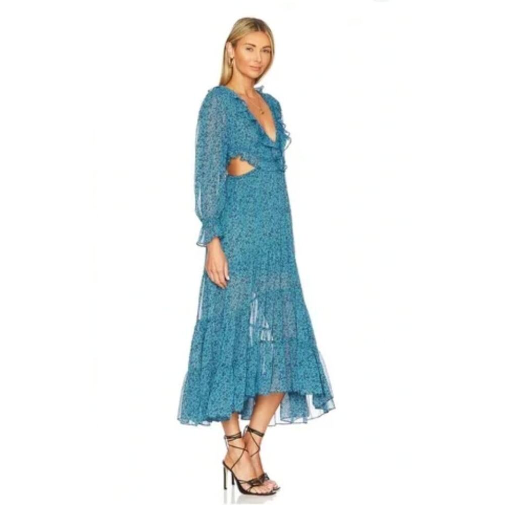 Misa Los Angeles Dress XS Amelia Midi Blue Floral Ruffle Boho Romantic Flowy Chi - Picture 3 of 16